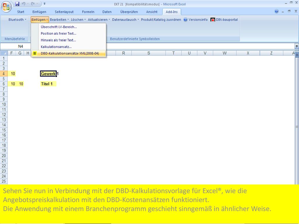 Sehen Sie nun in Verbindung mit der DBD-Kalkulationsvorlage für Excel®, wie die Angebotspreiskalkulation mit den DBD-Kostenansätzen funktioniert.