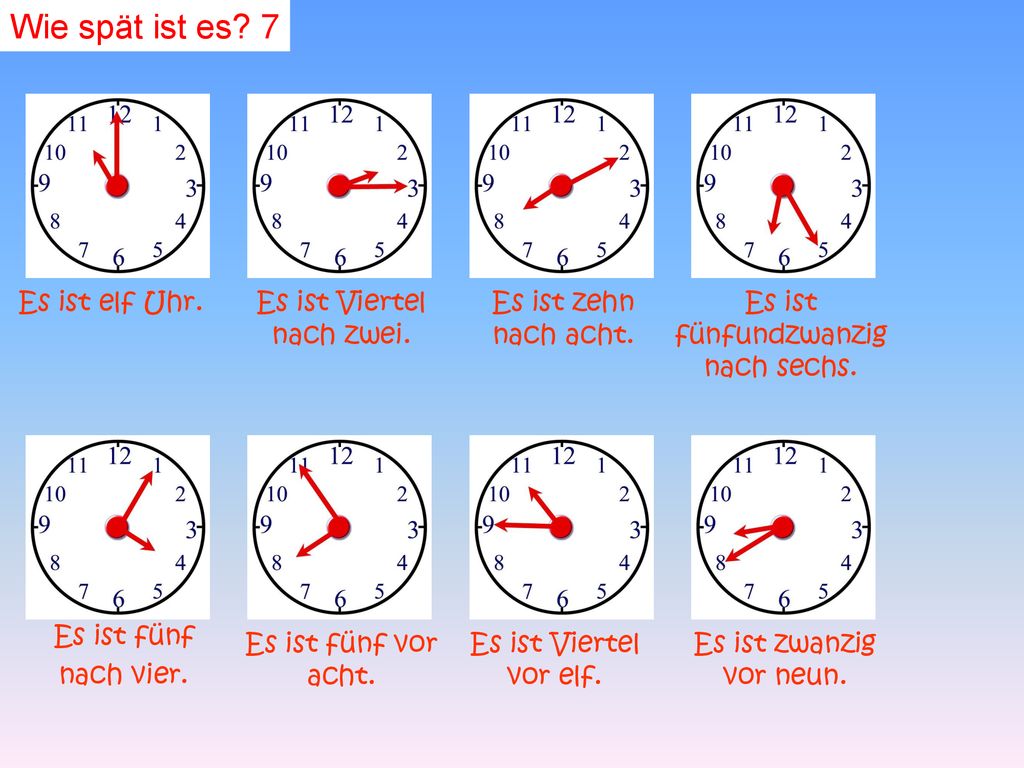 Wie spät ist es 7 Es ist elf Uhr. Es ist Viertel nach zwei.