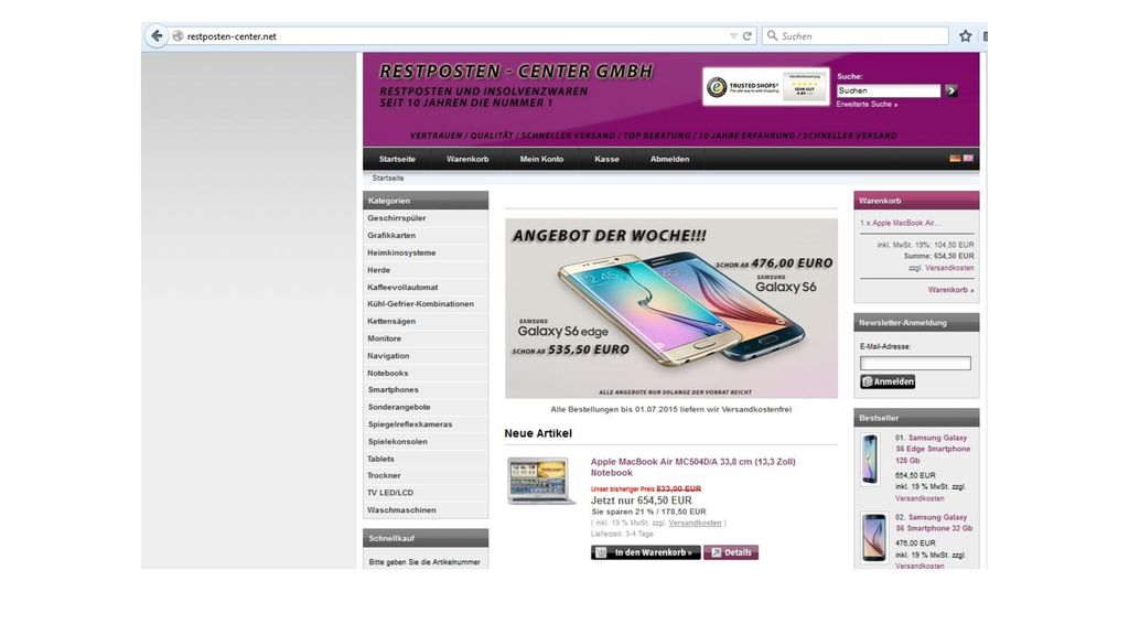 Beispiel für einen Fake-Shop, er sieht auf den ersten Blick seriös aus