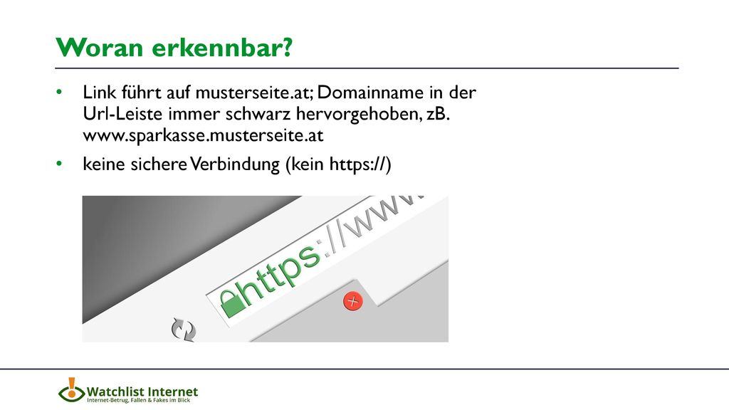 Woran erkennbar Link führt auf musterseite.at; Domainname in der Url-Leiste immer schwarz hervorgehoben, zB.