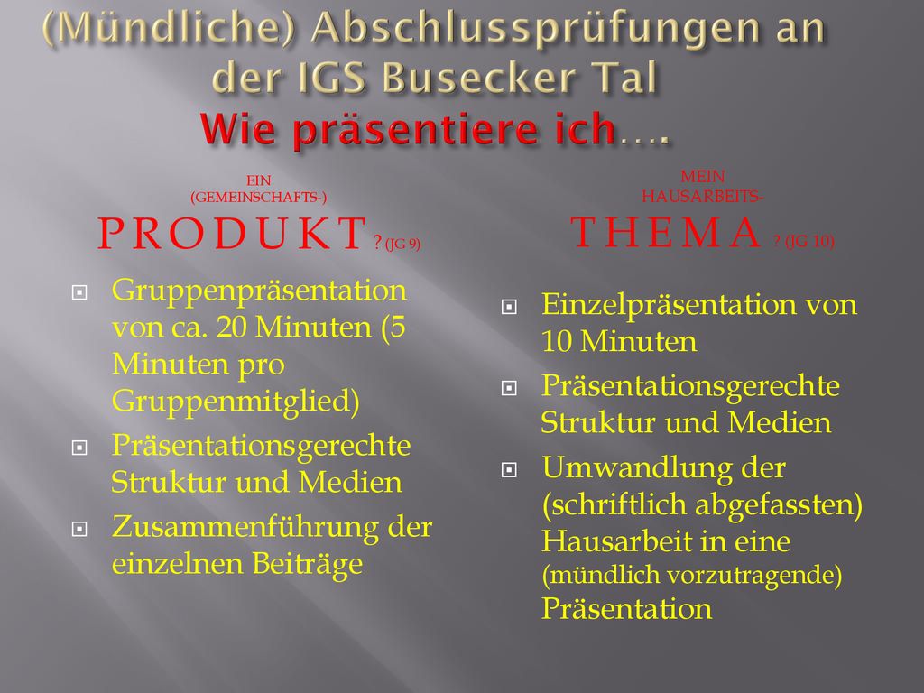(Mündliche) Abschlussprüfungen an der IGS Busecker Tal Wie präsentiere ich….