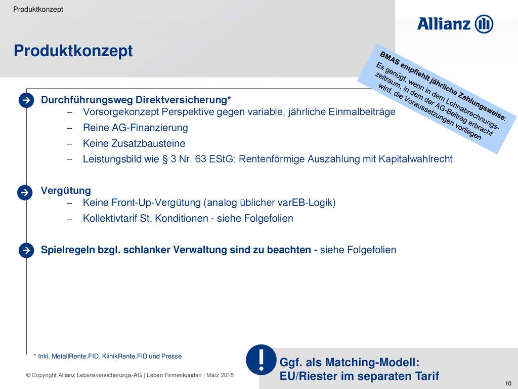 Produktkonzept Ggf. als Matching-Modell: EU/Riester im separaten Tarif