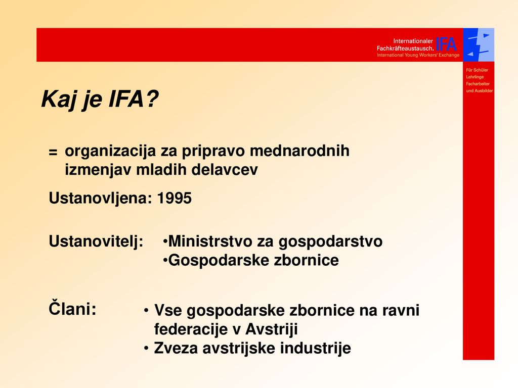 Kaj je IFA = organizacija za pripravo mednarodnih izmenjav mladih delavcev. Ustanovljena: Ustanovitelj: