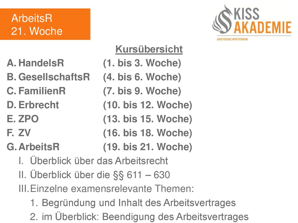 ArbeitsR 21. Woche Kursübersicht A. HandelsR (1. bis 3. Woche)