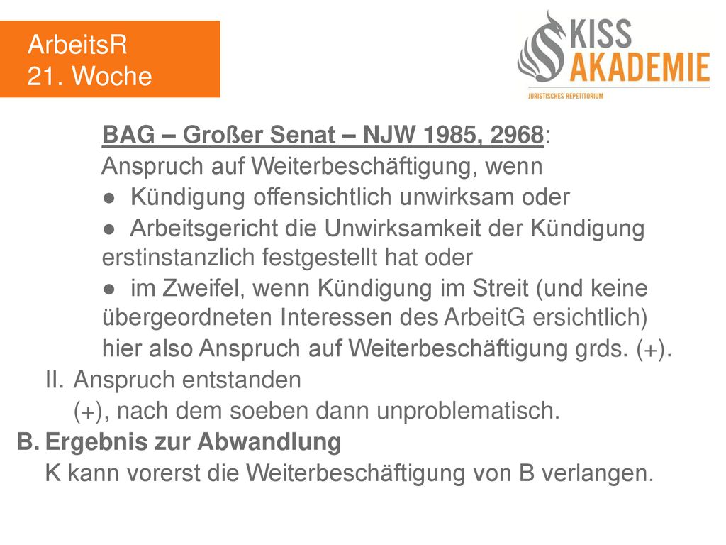 ArbeitsR 21. Woche BAG – Großer Senat – NJW 1985, 2968: