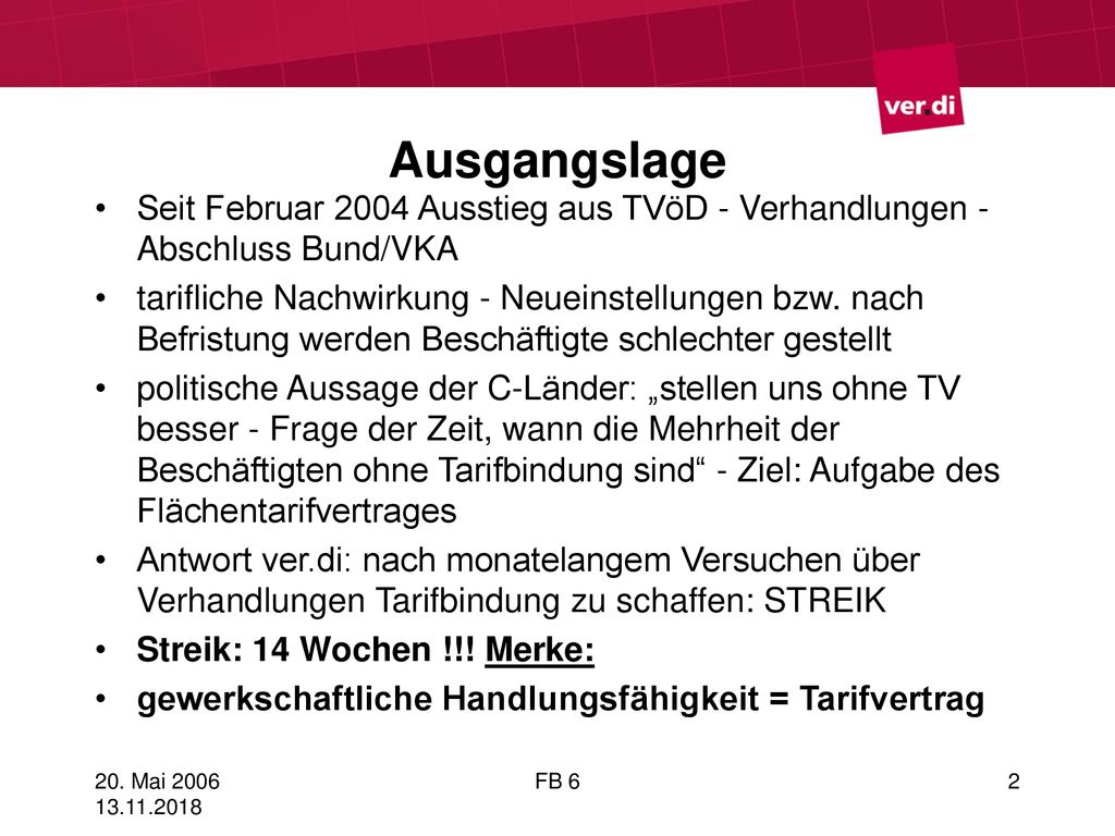 Ausgangslage Seit Februar 2004 Ausstieg aus TVöD - Verhandlungen - Abschluss Bund/VKA.