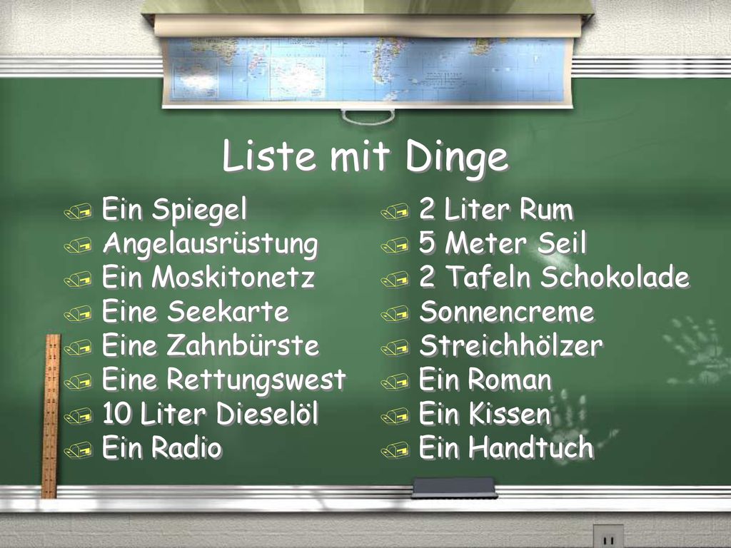 Liste mit Dinge Ein Spiegel Angelausrüstung Ein Moskitonetz