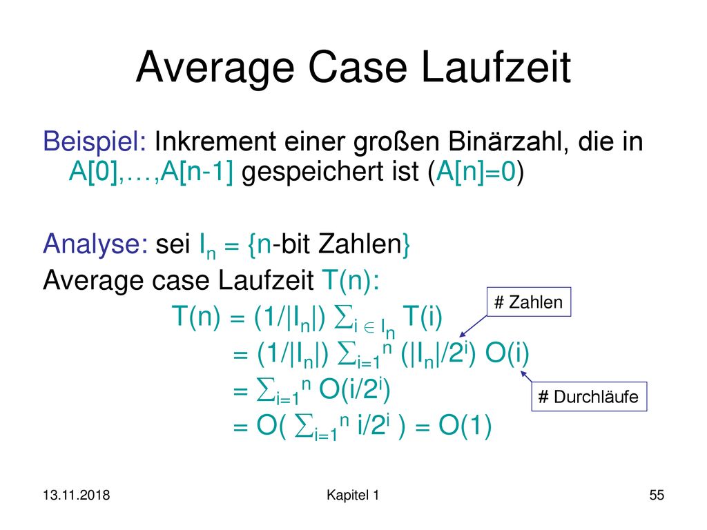Average Case Laufzeit Beispiel: Inkrement einer großen Binärzahl, die in A[0],…,A[n-1] gespeichert ist (A[n]=0)