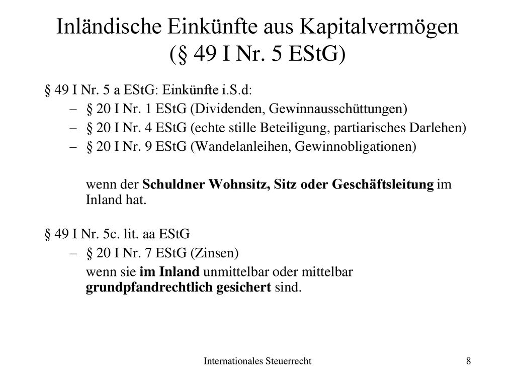 Inländische Einkünfte aus Kapitalvermögen (§ 49 I Nr. 5 EStG)