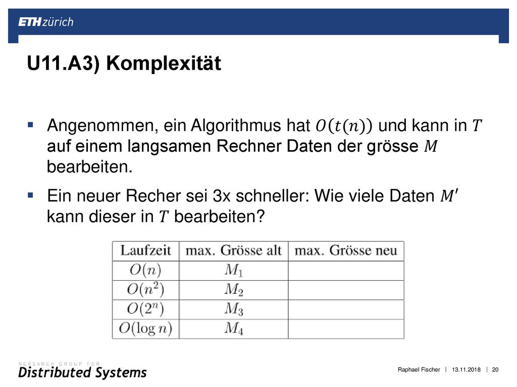 U11.A3) Komplexität Angenommen, ein Algorithmus hat 𝑂 𝑡(𝑛) und kann in 𝑇 auf einem langsamen Rechner Daten der grösse 𝑀 bearbeiten.