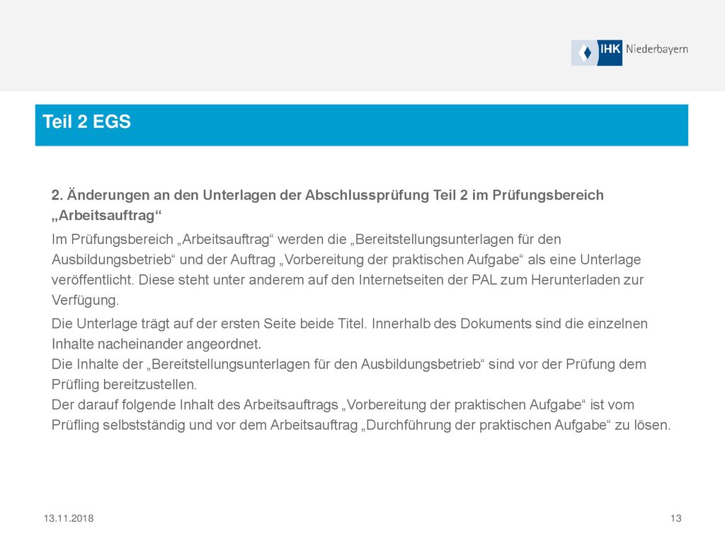 Teil 2 EGS 2. Änderungen an den Unterlagen der Abschlussprüfung Teil 2 im Prüfungsbereich „Arbeitsauftrag