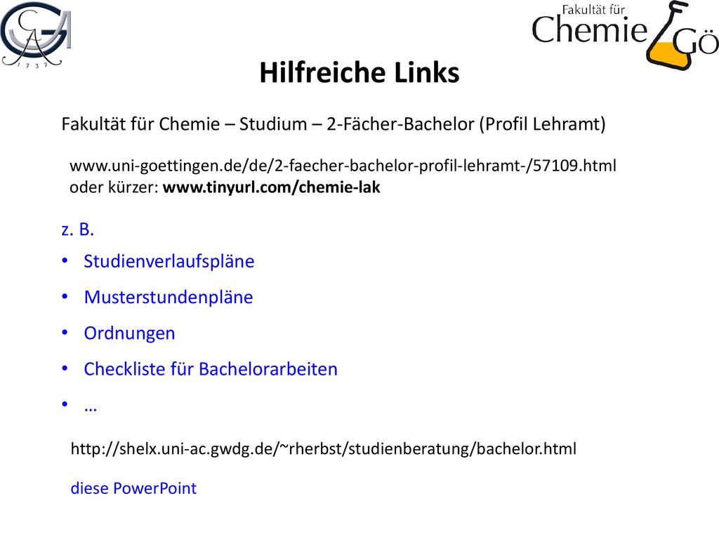 Hilfreiche Links Fakultät für Chemie – Studium – 2-Fächer-Bachelor (Profil Lehramt)