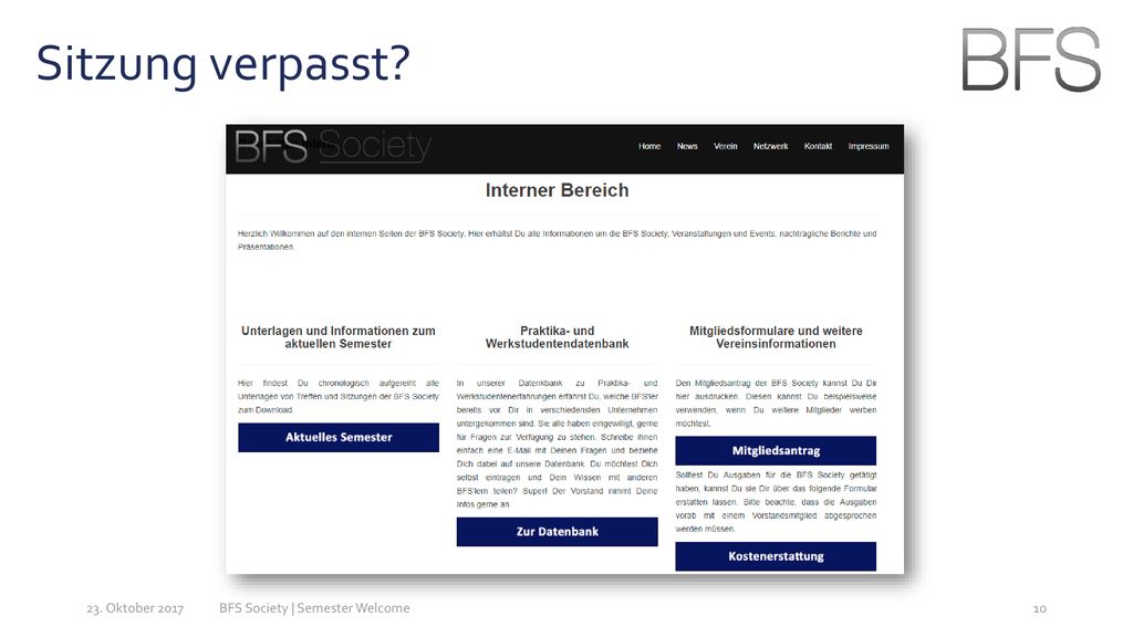 Sitzung verpasst 23. Oktober 2017 BFS Society | Semester Welcome