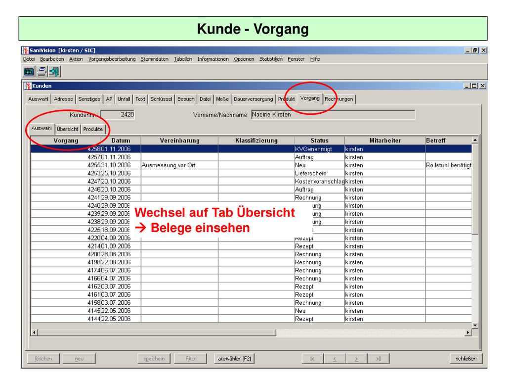 Kunde - Vorgang Wechsel auf Tab Übersicht  Belege einsehen
