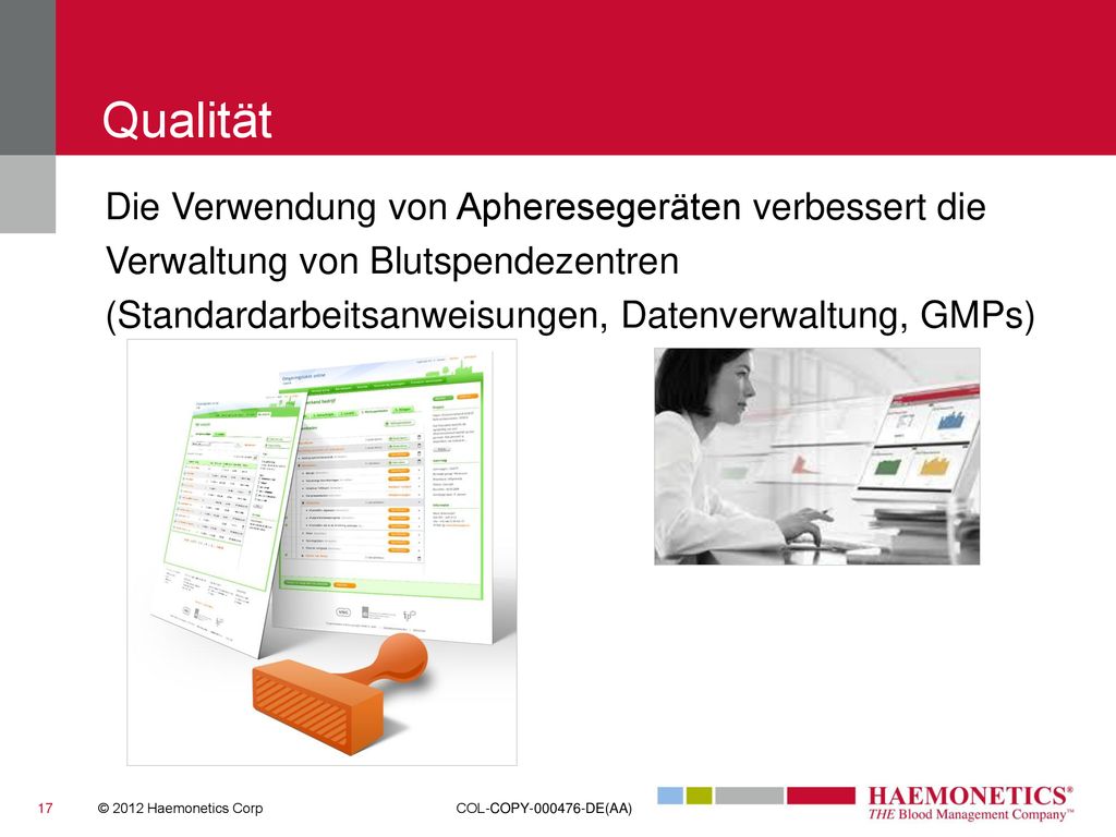 Qualität Die Verwendung von Apheresegeräten verbessert die Verwaltung von Blutspendezentren (Standardarbeitsanweisungen, Datenverwaltung, GMPs)