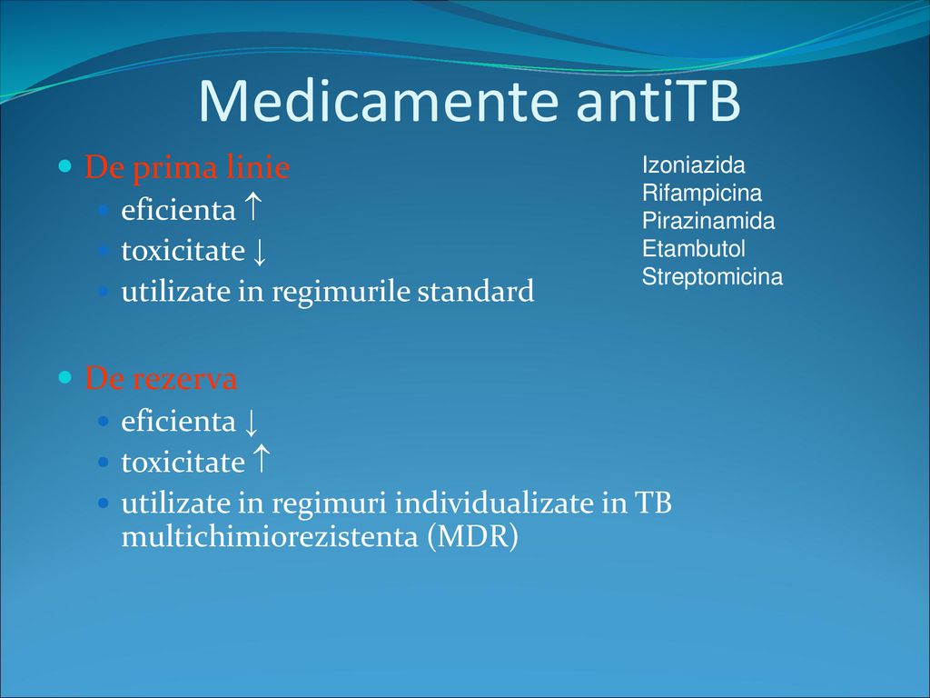 Medicamente antiTB De prima linie De rezerva eficienta  toxicitate ↓