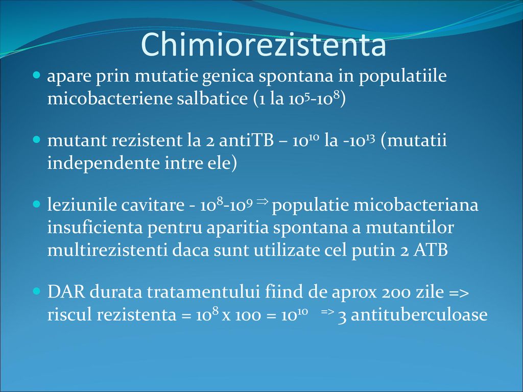 Chimiorezistenta apare prin mutatie genica spontana in populatiile micobacteriene salbatice (1 la )