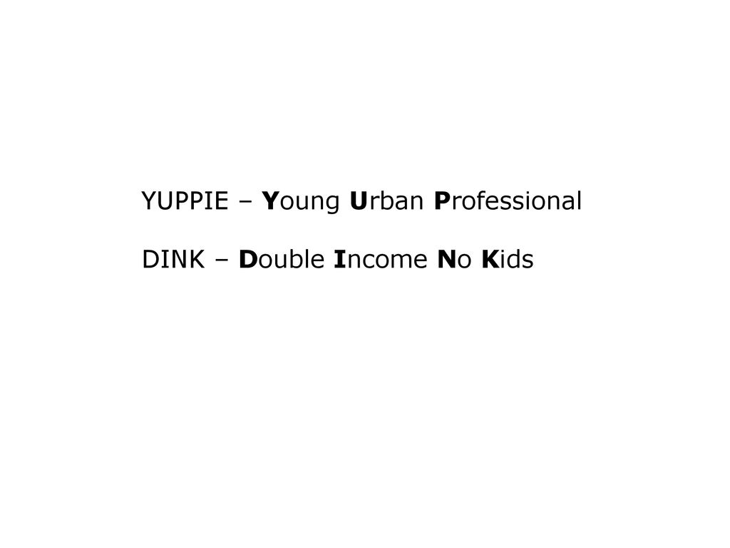 YUPPIE – Young Urban Professional DINK – Double Income No Kids