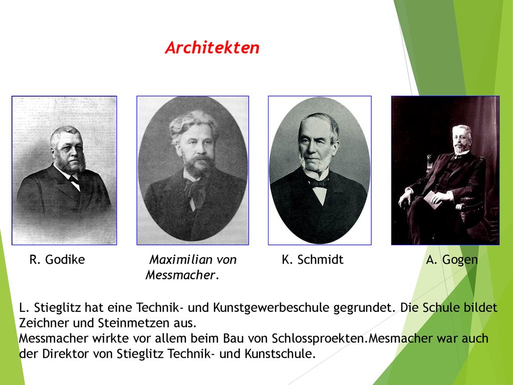 Architekten R. Godike Maximilian von Messmacher. K. Schmidt A. Gogen