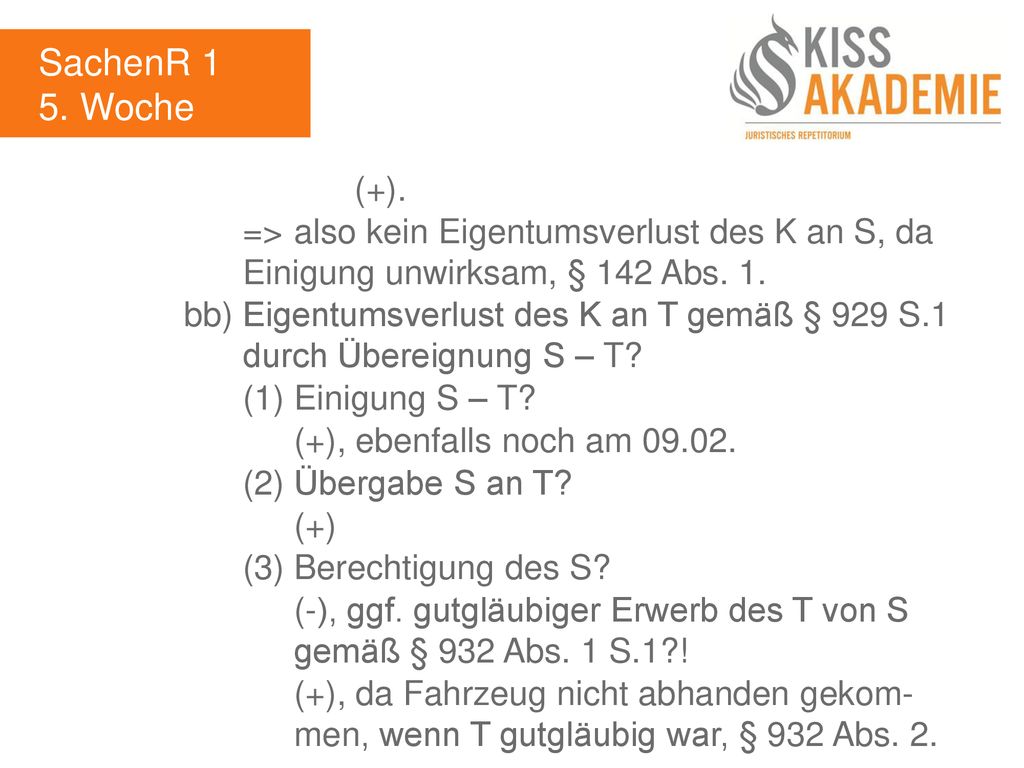 SachenR 1 5. Woche. (+). => also kein Eigentumsverlust des K an S, da Einigung unwirksam, § 142 Abs. 1.
