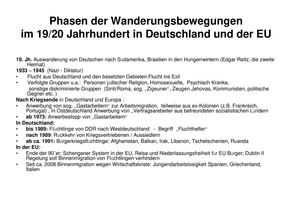 Phasen der Wanderungsbewegungen im 19/20 Jahrhundert in Deutschland und der EU