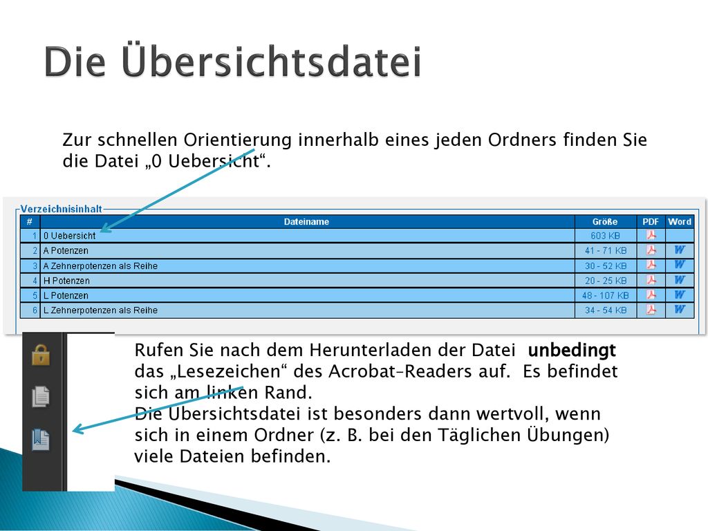 Die Übersichtsdatei Zur schnellen Orientierung innerhalb eines jeden Ordners finden Sie die Datei „0 Uebersicht .