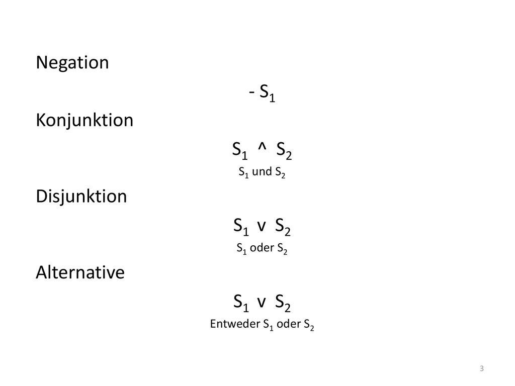 Negation - S1 Konjunktion S1 ^ S2 Disjunktion S1 v S2 Alternative