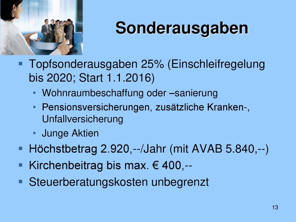 Sonderausgaben Topfsonderausgaben 25% (Einschleifregelung bis 2020; Start ) Wohnraumbeschaffung oder –sanierung.
