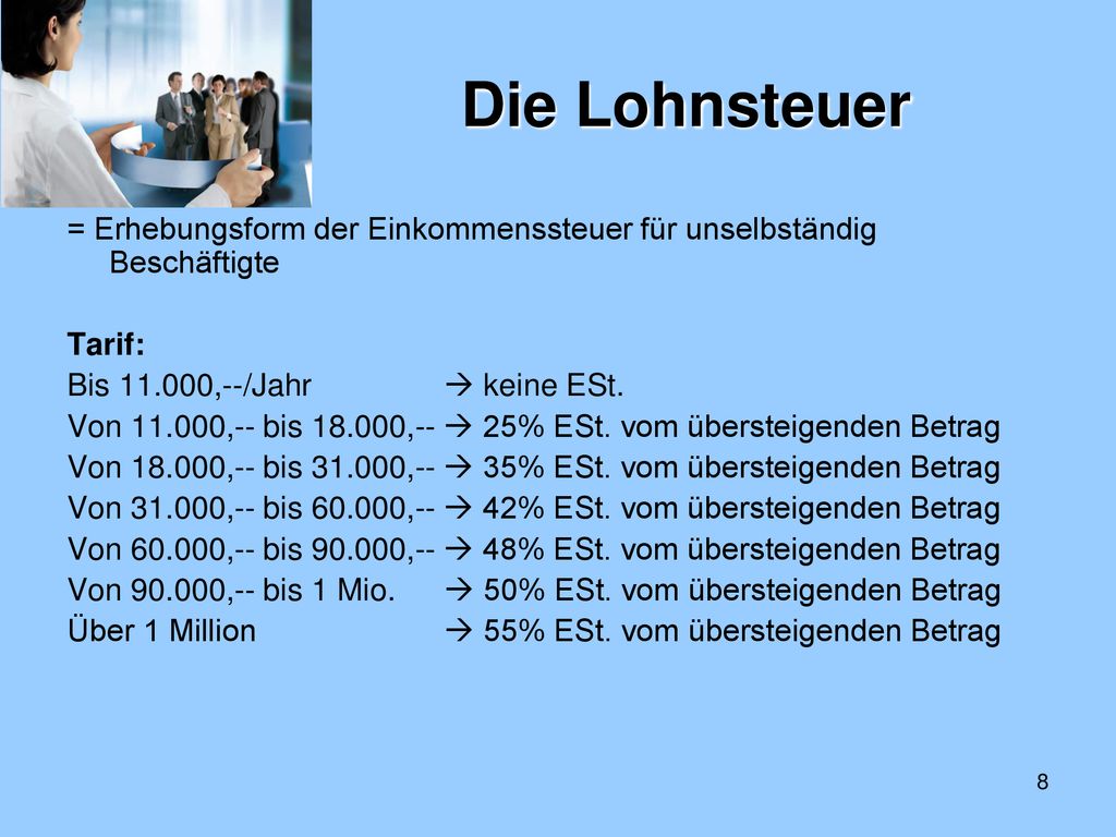 Die Lohnsteuer = Erhebungsform der Einkommenssteuer für unselbständig Beschäftigte. Tarif: Bis ,--/Jahr  keine ESt.