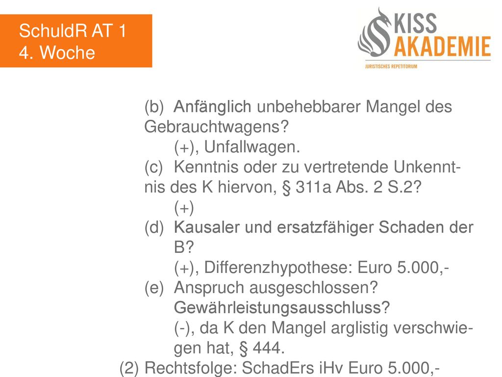 SchuldR AT 1 4. Woche. (b) Anfänglich unbehebbarer Mangel des Gebrauchtwagens (+), Unfallwagen.