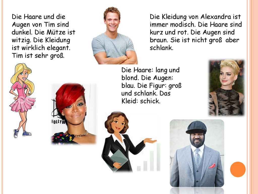 Die Haare und die Augen von Tim sind dunkel. Die Mütze ist witzig