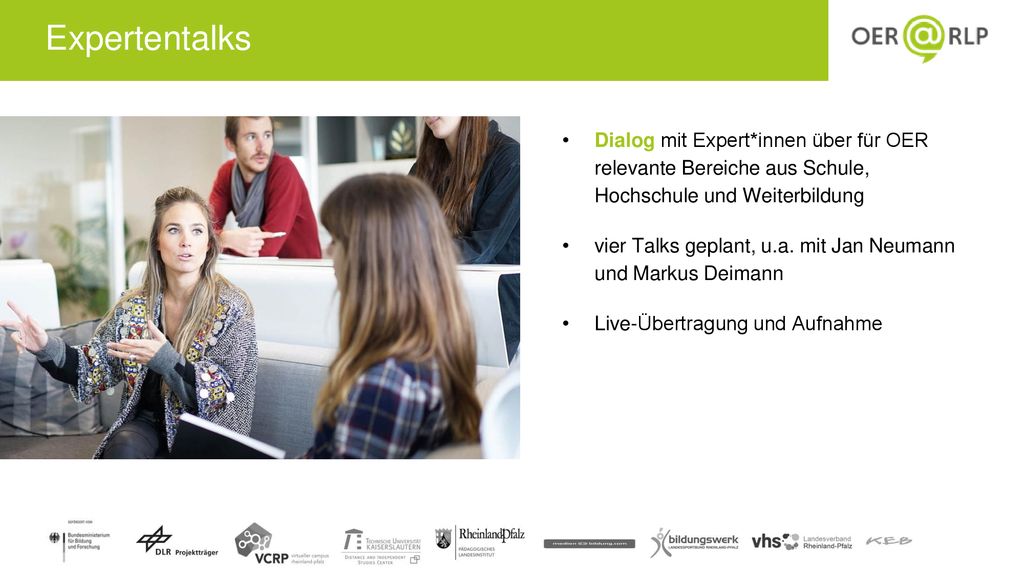 Expertentalks Dialog mit Expert*innen über für OER relevante Bereiche aus Schule, Hochschule und Weiterbildung.