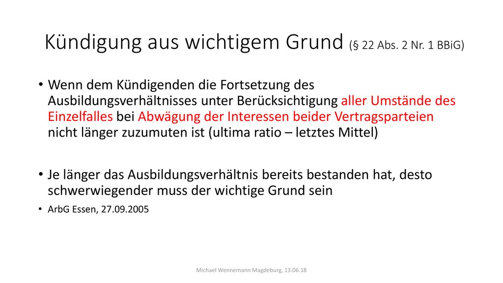 Kündigung aus wichtigem Grund (§ 22 Abs. 2 Nr. 1 BBiG)