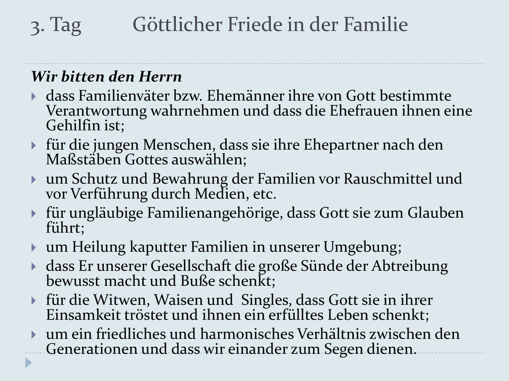 3. Tag Göttlicher Friede in der Familie