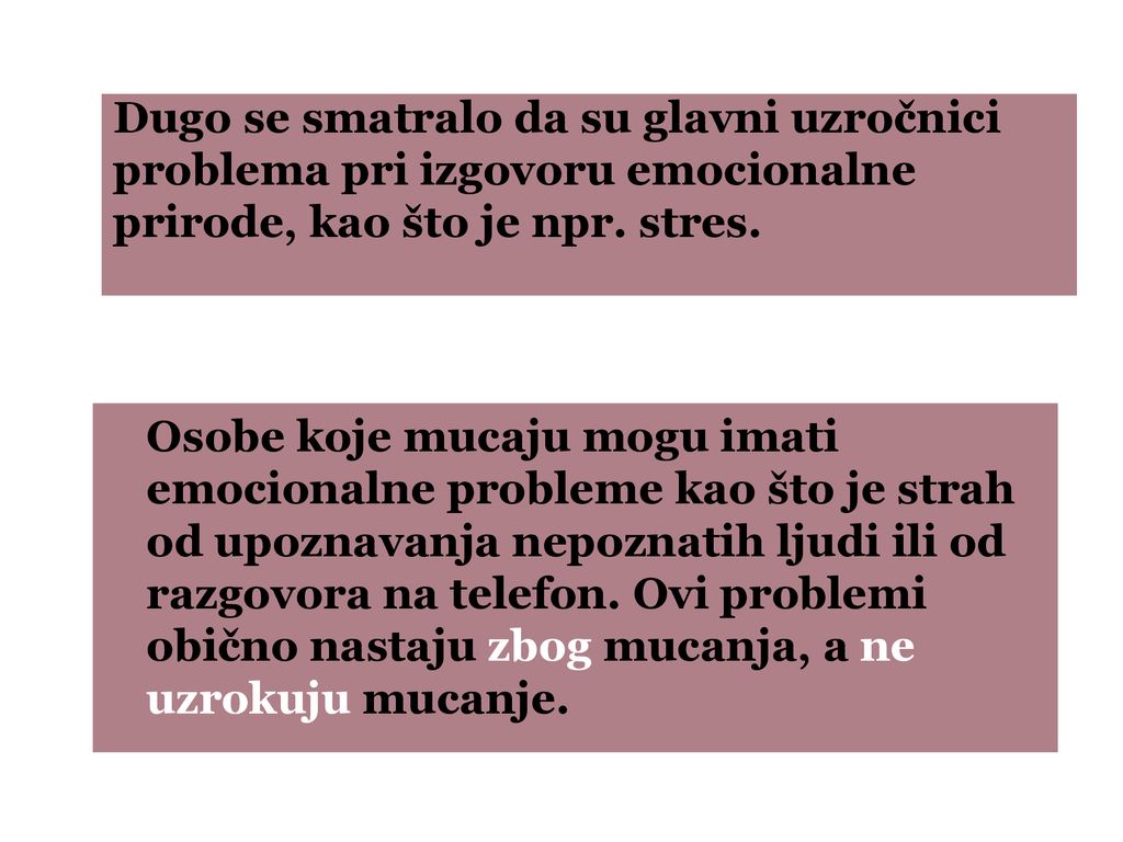 Dugo se smatralo da su glavni uzročnici problema pri izgovoru emocionalne prirode, kao što je npr. stres.