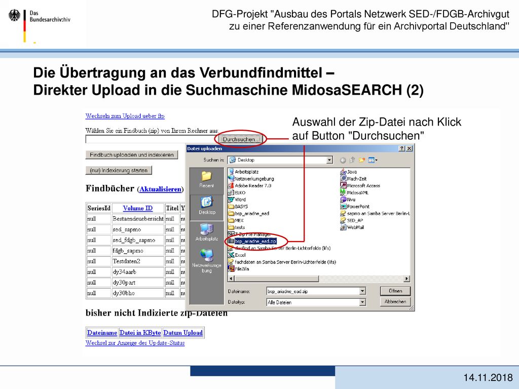 Die Übertragung an das Verbundfindmittel – Direkter Upload in die Suchmaschine MidosaSEARCH (2)
