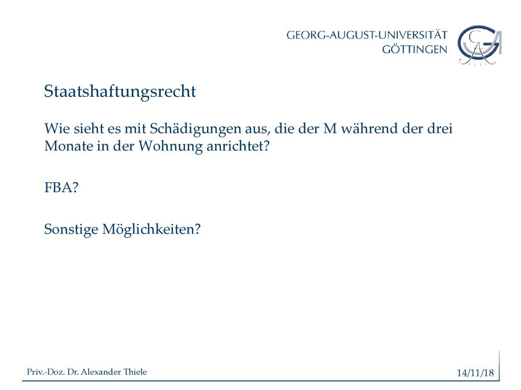 Staatshaftungsrecht Wie sieht es mit Schädigungen aus, die der M während der drei Monate in der Wohnung anrichtet FBA Sonstige Möglichkeiten