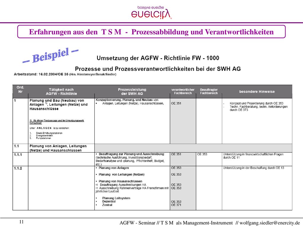 Erfahrungen aus den T S M - Prozessabbildung und Verantwortlichkeiten