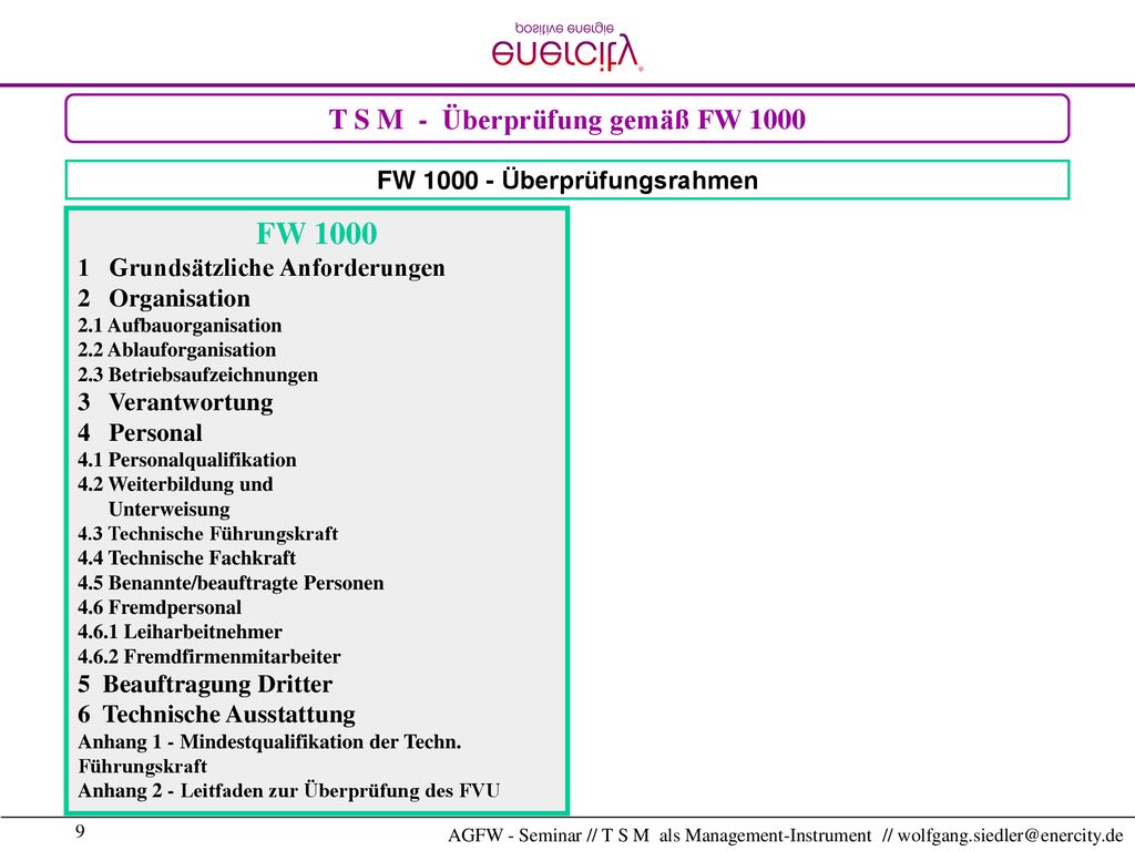 T S M - Überprüfung gemäß FW 1000 FW Überprüfungsrahmen