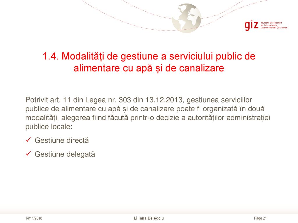 1.4. Modalități de gestiune a serviciului public de alimentare cu apă și de canalizare