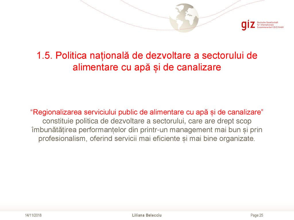 1.5. Politica națională de dezvoltare a sectorului de alimentare cu apă și de canalizare
