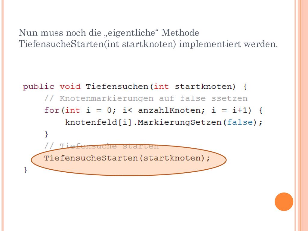 Nun muss noch die „eigentliche Methode TiefensucheStarten(int startknoten) implementiert werden.