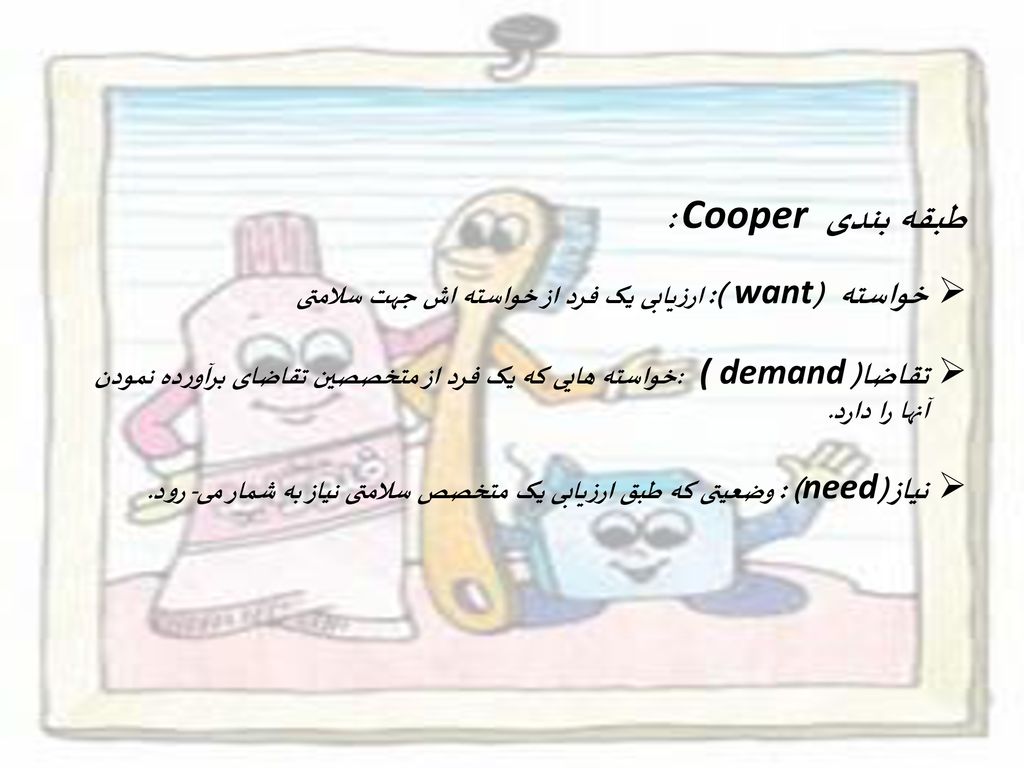 طبقه بندی Cooper : خواسته ( want): ارزیابی یک فرد از خواسته اش جهت سلامتی.