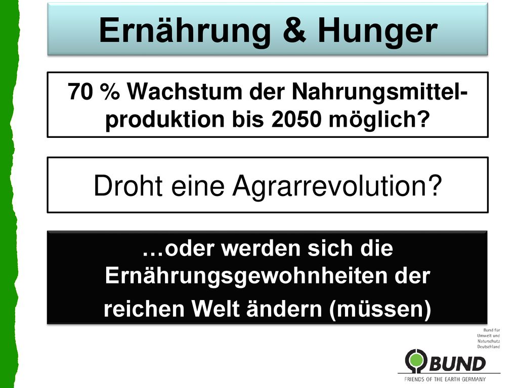 70 % Wachstum der Nahrungsmittel- produktion bis 2050 möglich