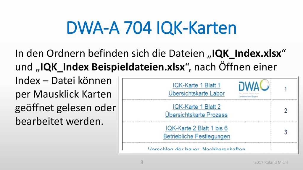 DWA-A 704 IQK-Karten In den Ordnern befinden sich die Dateien „IQK_Index.xlsx und „IQK_Index Beispieldateien.xlsx , nach Öffnen einer.