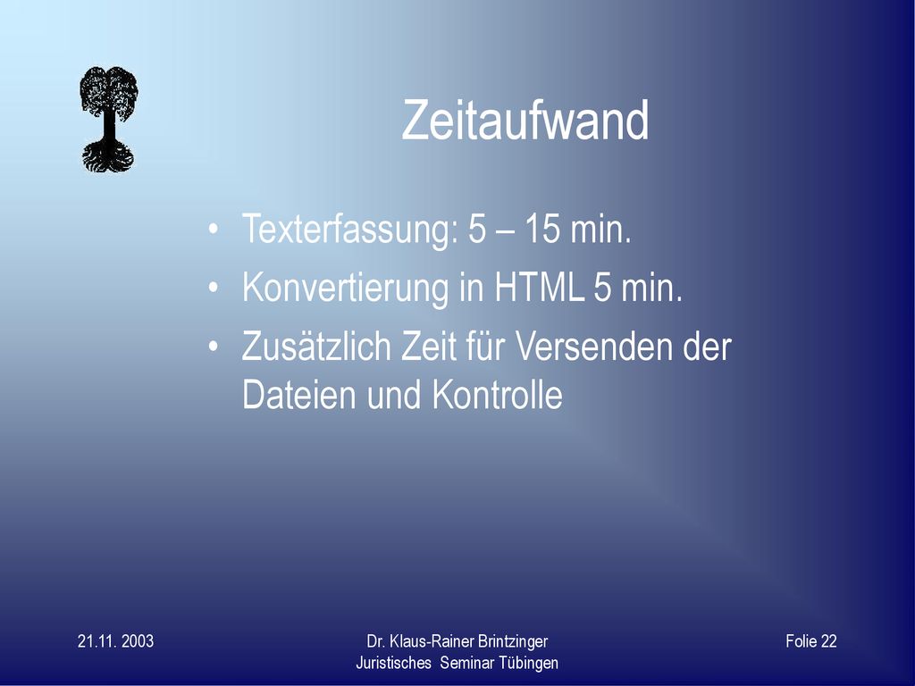 Zeitaufwand Texterfassung: 5 – 15 min. Konvertierung in HTML 5 min.