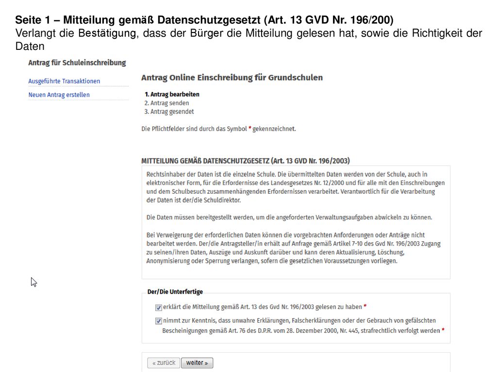 Seite 1 – Mitteilung gemäß Datenschutzgesetzt (Art. 13 GVD Nr. 196/200)