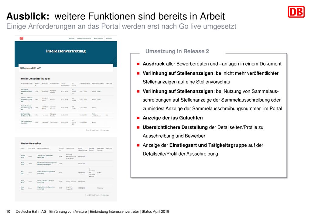 Ausblick: weitere Funktionen sind bereits in Arbeit Einige Anforderungen an das Portal werden erst nach Go live umgesetzt