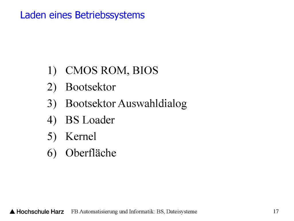 3) Bootsektor Auswahldialog 4) BS Loader 5) Kernel 6) Oberfläche