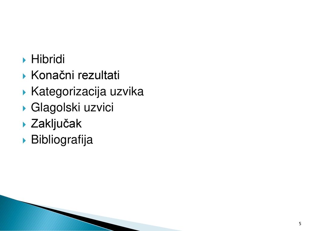 Hibridi Konačni rezultati Kategorizacija uzvika Glagolski uzvici Zaključak Bibliografija